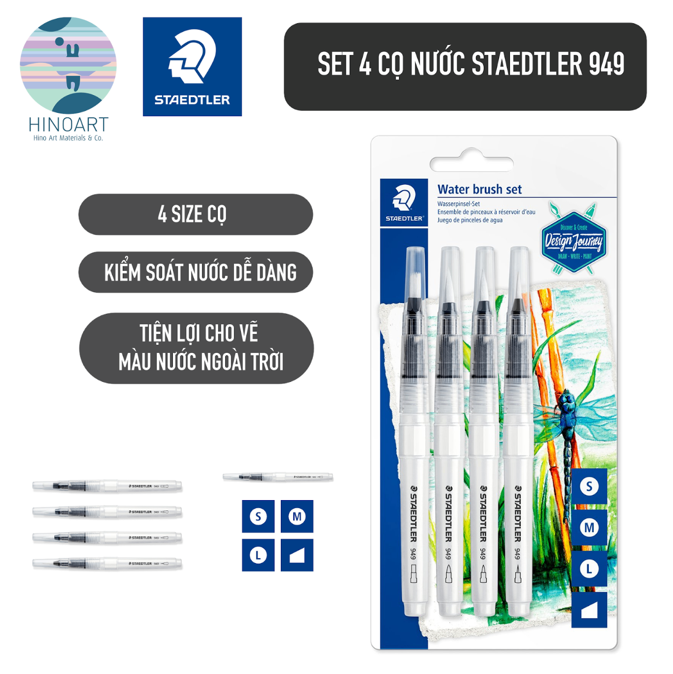 Set 4 cọ nước Staedtler 949 - ngòi Found Fine, Round Medium, Round Large, Chisel