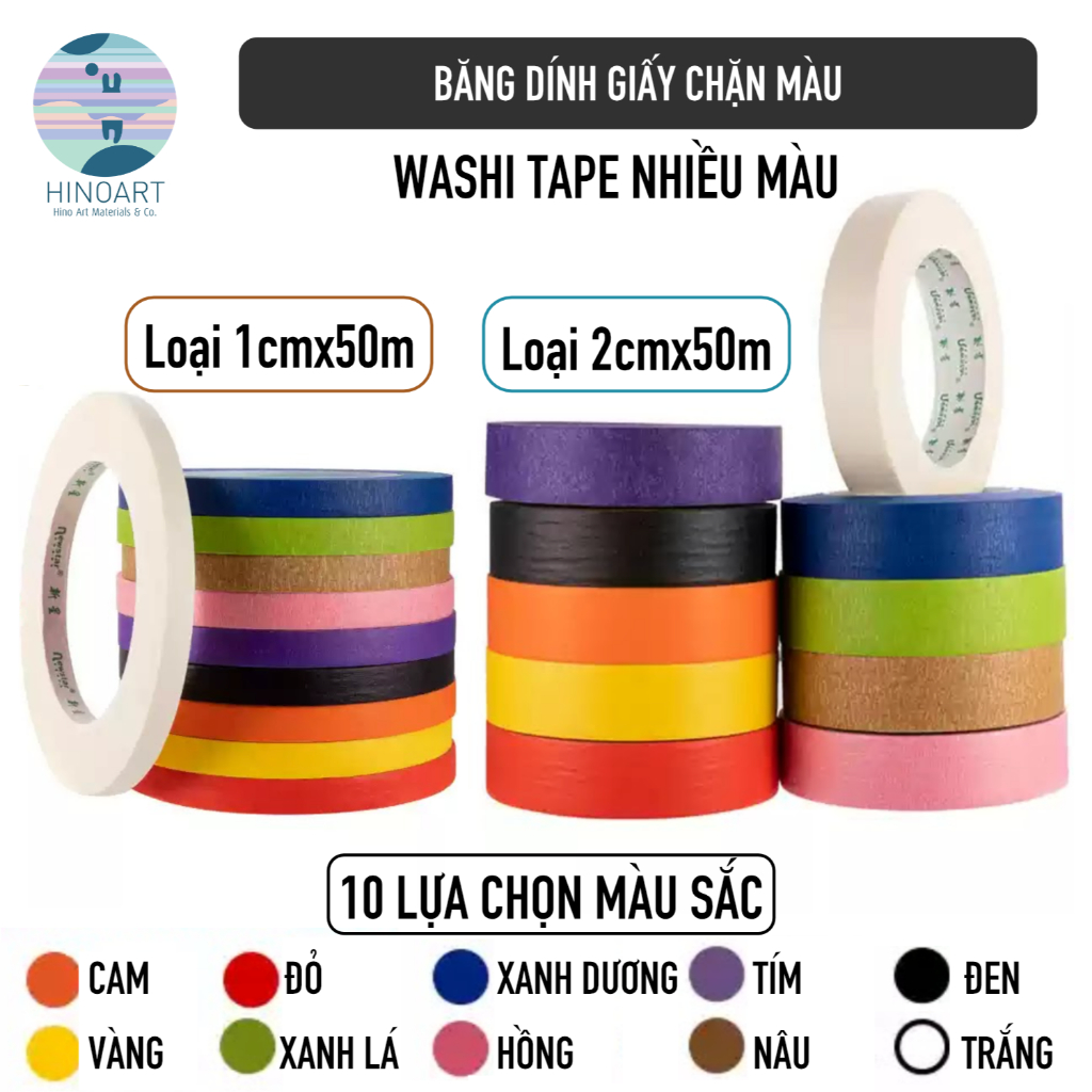 Băng dính giấy chặn màu - nhiều màu - 1cmx50m
