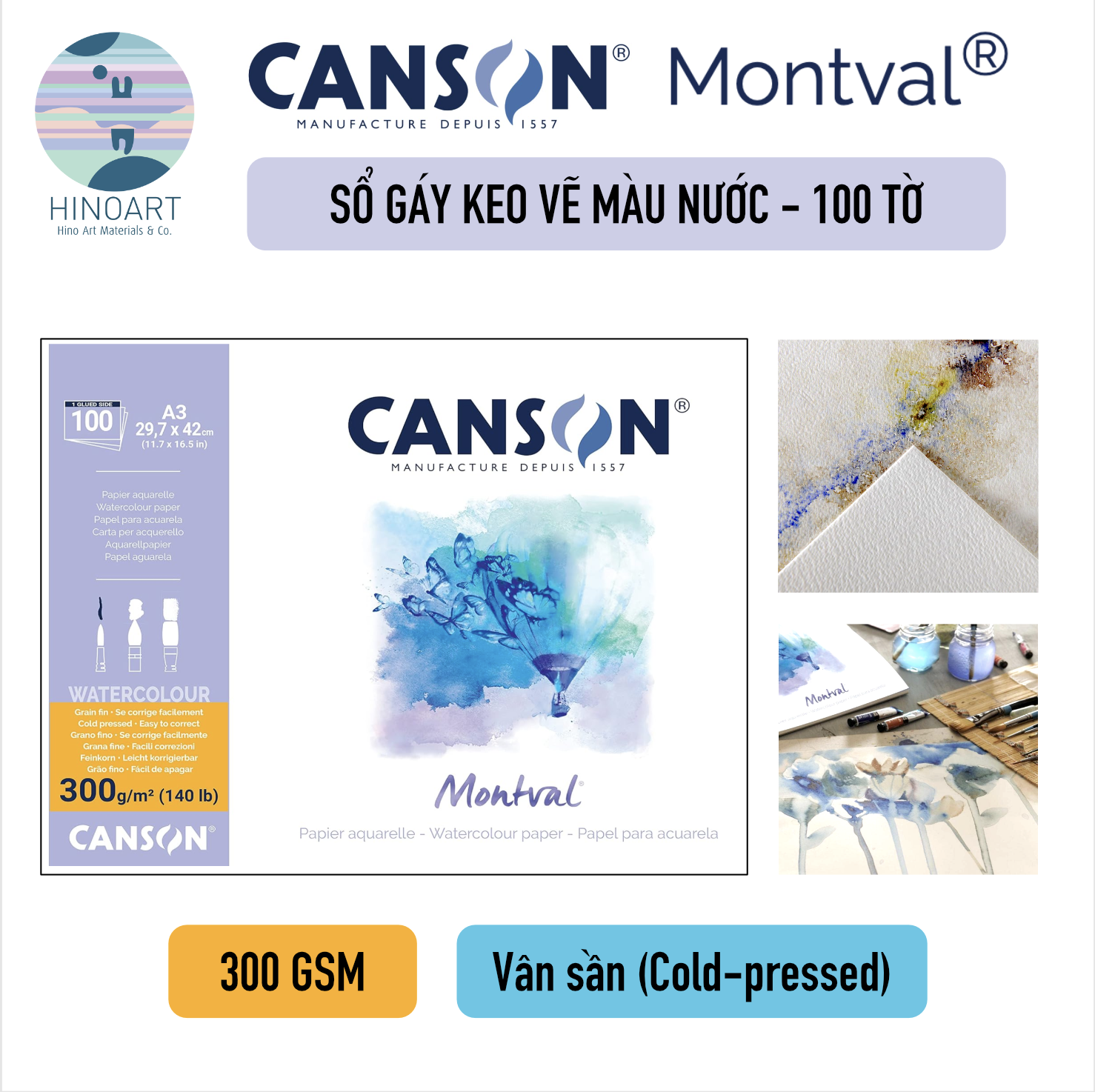 Sổ gáy keo 100tờ MONTVAL A3 300G COLD PRESSED natural white