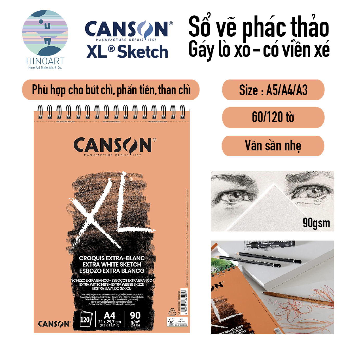 Sổ lò xo CANSON XL 60/120 tờ - SKETCH/CROQUIS 90G SKETCH - EXTRA WHITE