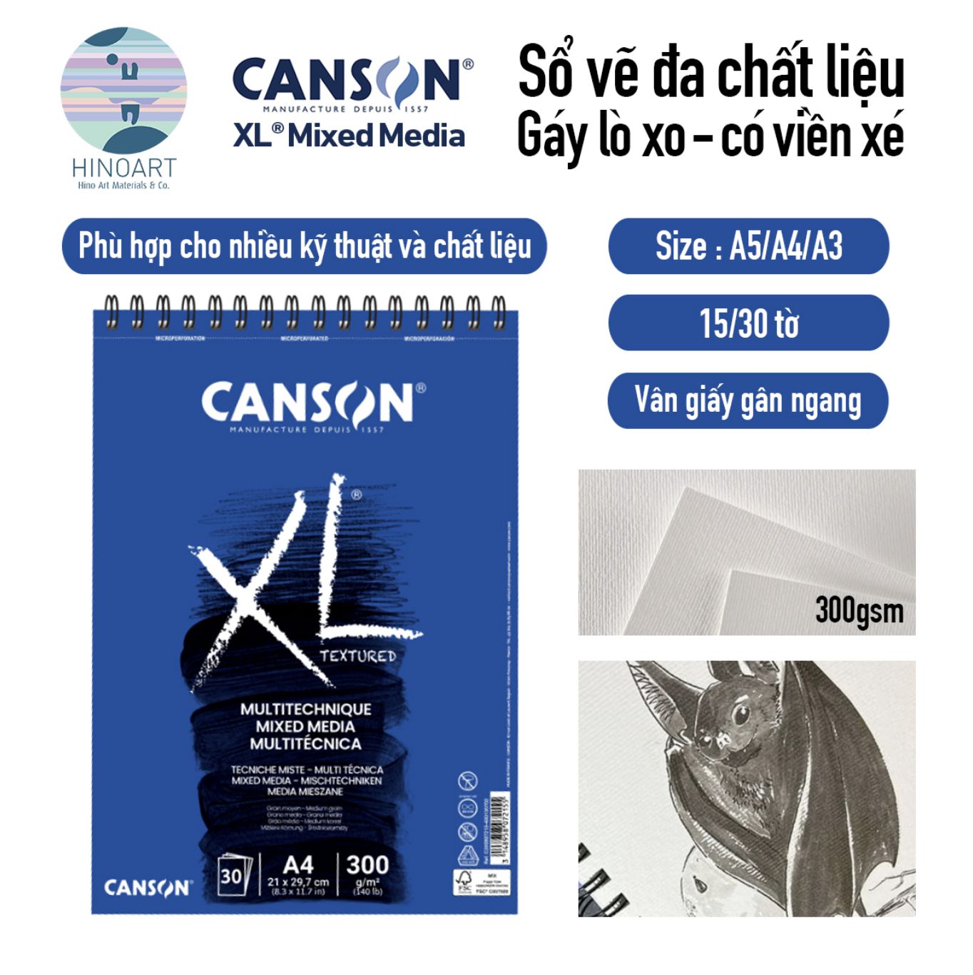 Sổ lò xo CANSON XL 15/30 tờ - MIXED MEDIA TEXTURED 300gsm (Medium grain)
