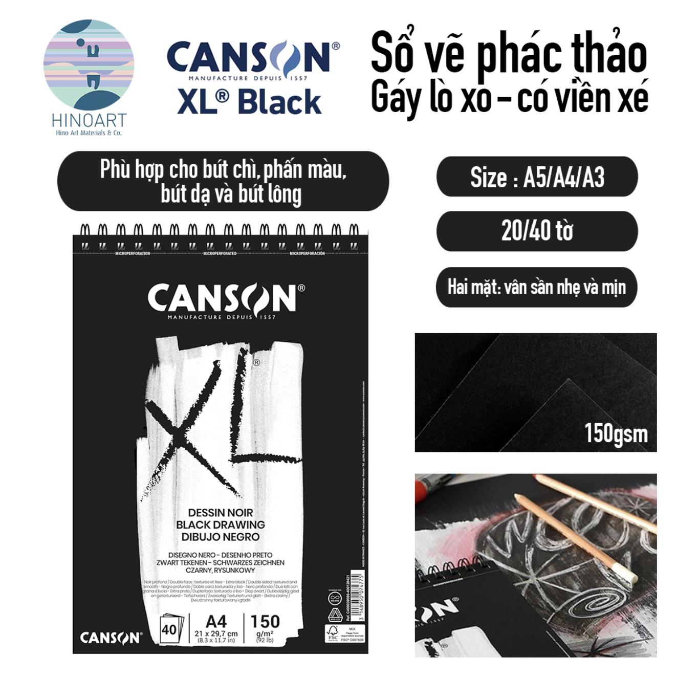 Sổ lò xo CANSON XL 20/40 tờ - DESSIN NOIR/BLACK 150gsm