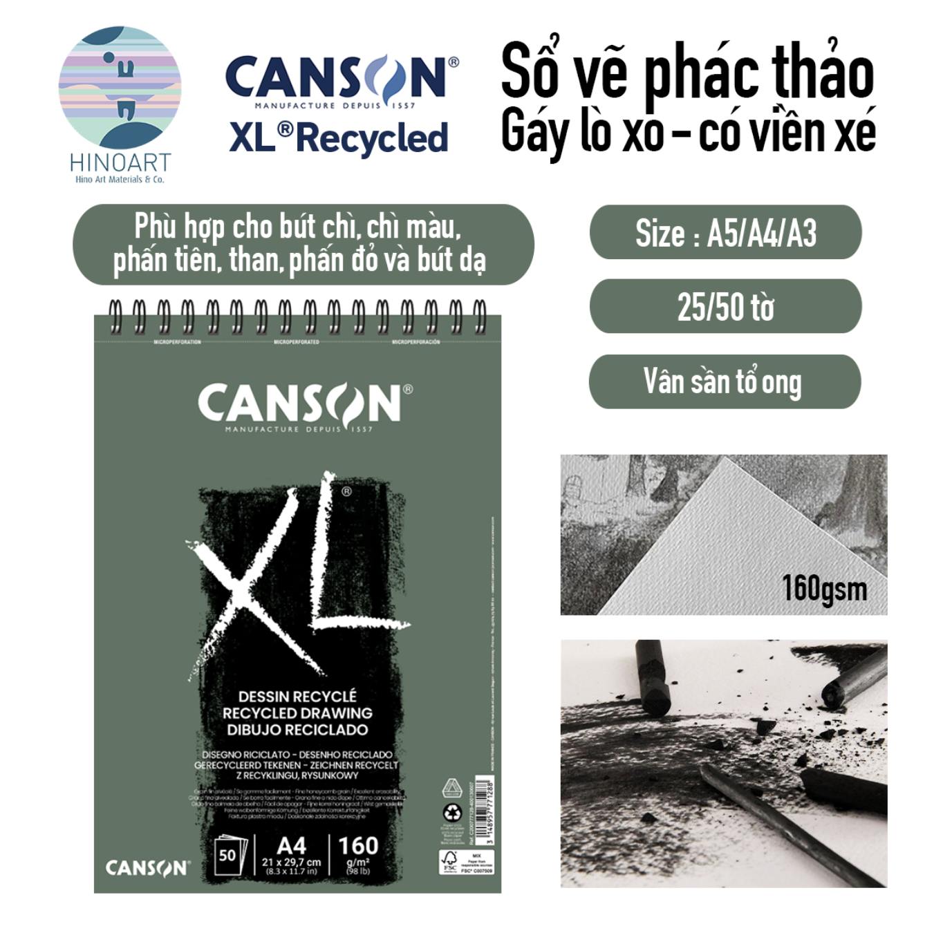 Sổ lò xo CANSON XL 25/50 tờ - DESSIN/DRAWING RECYCLED 120gsm
