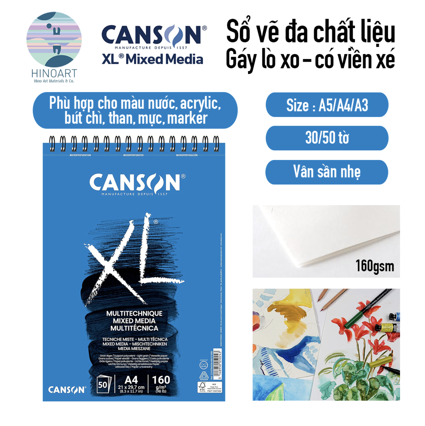 Sổ lò xo CANSON XL 30/50 tờ - MIXED MEDIA 160gsm - WHITE