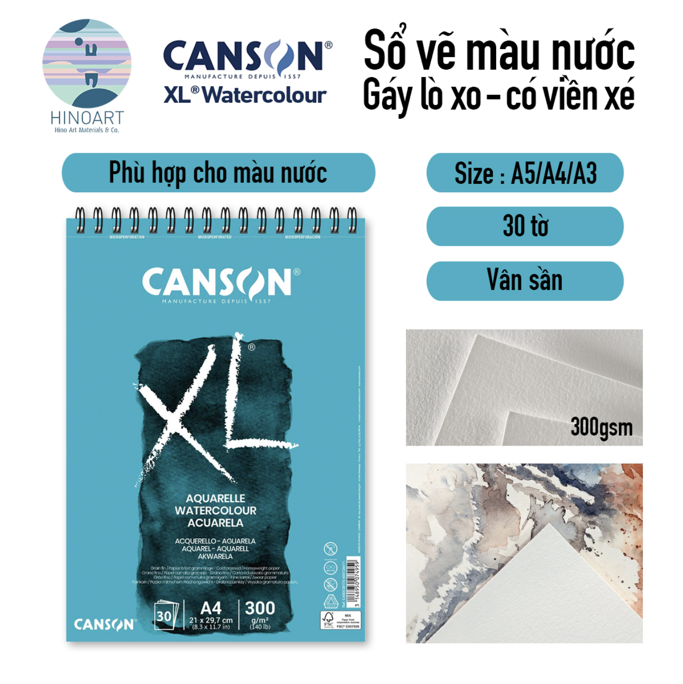 Sổ lò xo CANSON XL 30 tờ - AQUARELLE/WATERCOLOUR 300gsm CP - WHITE