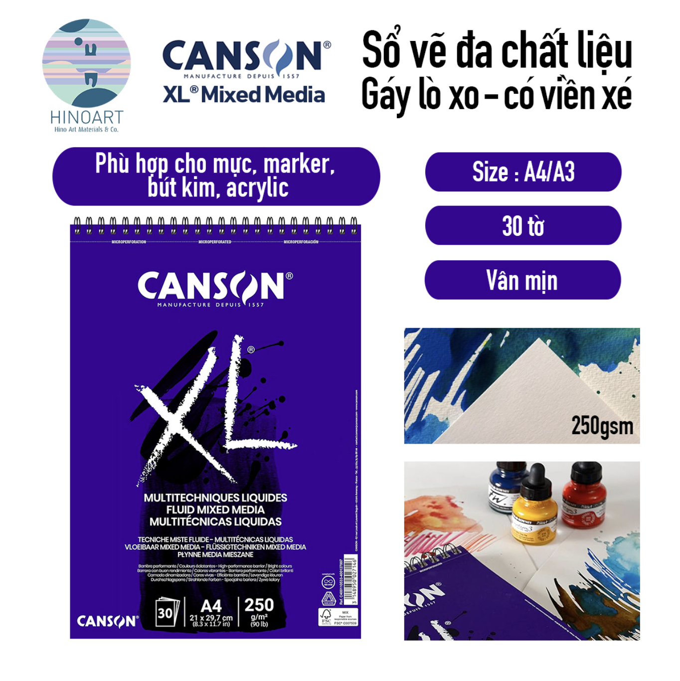 Sổ lò xo CANSON XL 30 tờ - FLUID Mixed media 250gsm