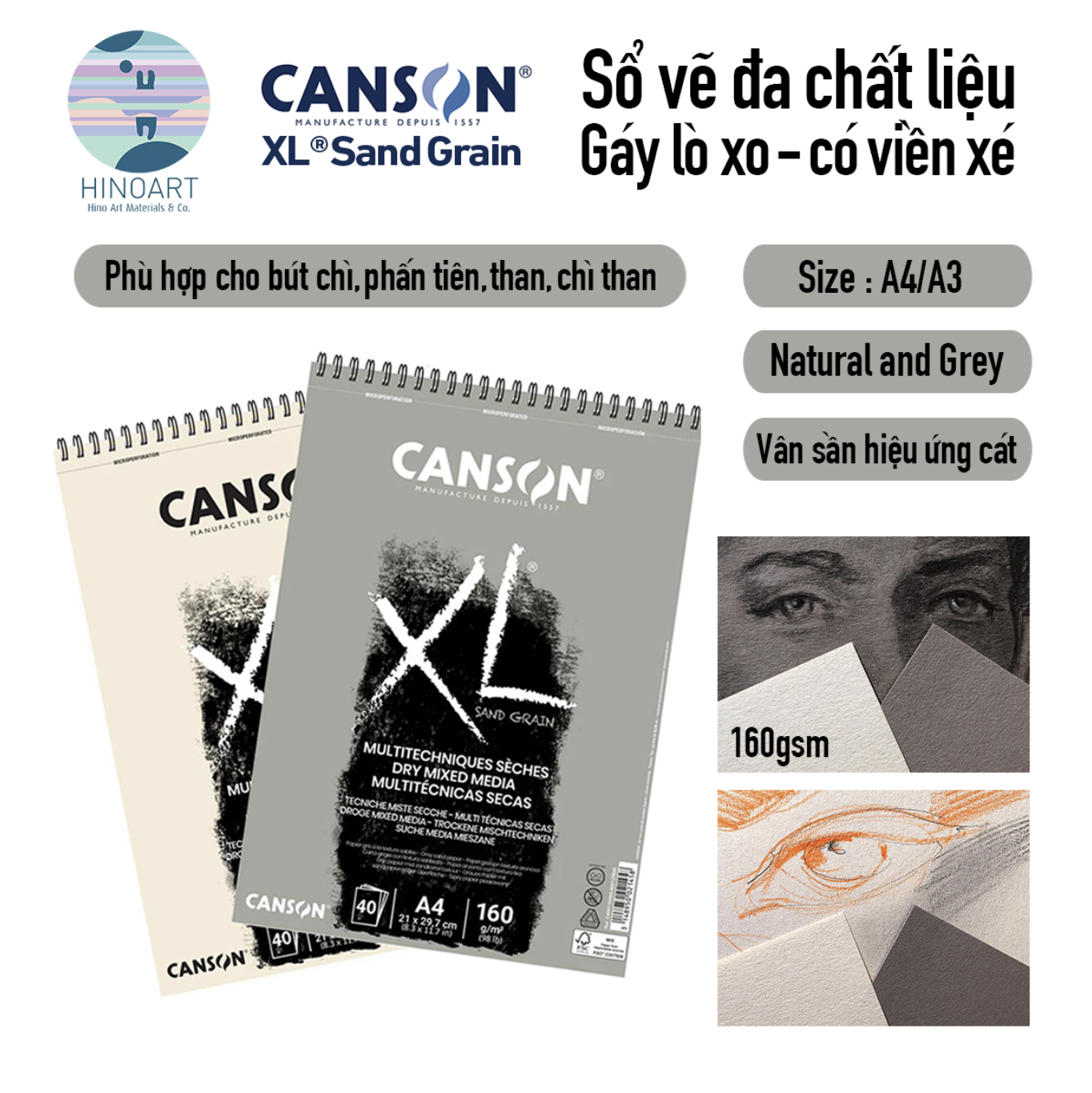 Sổ lò xo CANSON XL 40 tờ - DRY Mixed media (SAND GRAIN) 160gsm - NATURAL/GREY