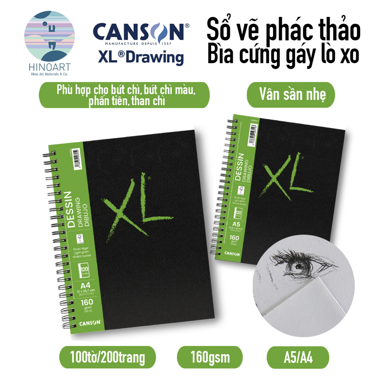 Sổ lò xo bìa cứng CANSON XL 120 trang - DESSIN/DRAWING 160gsm (Light grain)