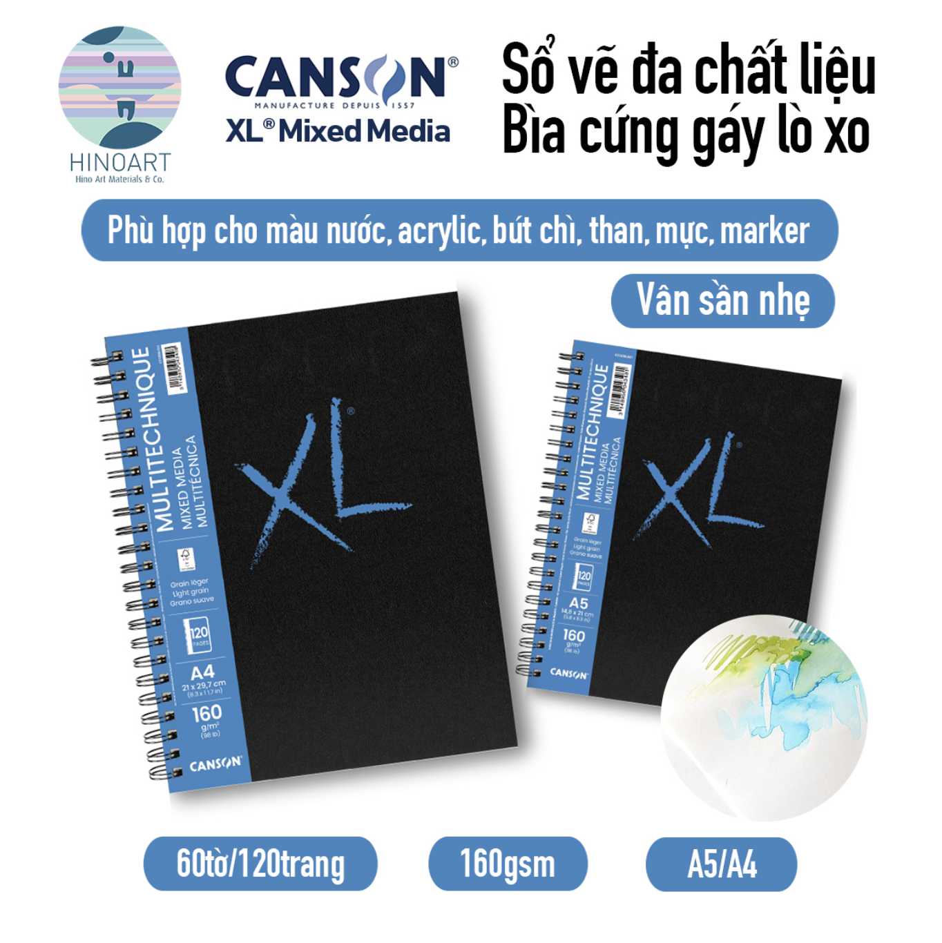 Sổ lò xo bìa cứng CANSON XL 120 trang - MIXED MEDIA 160gsm (Light grain)
