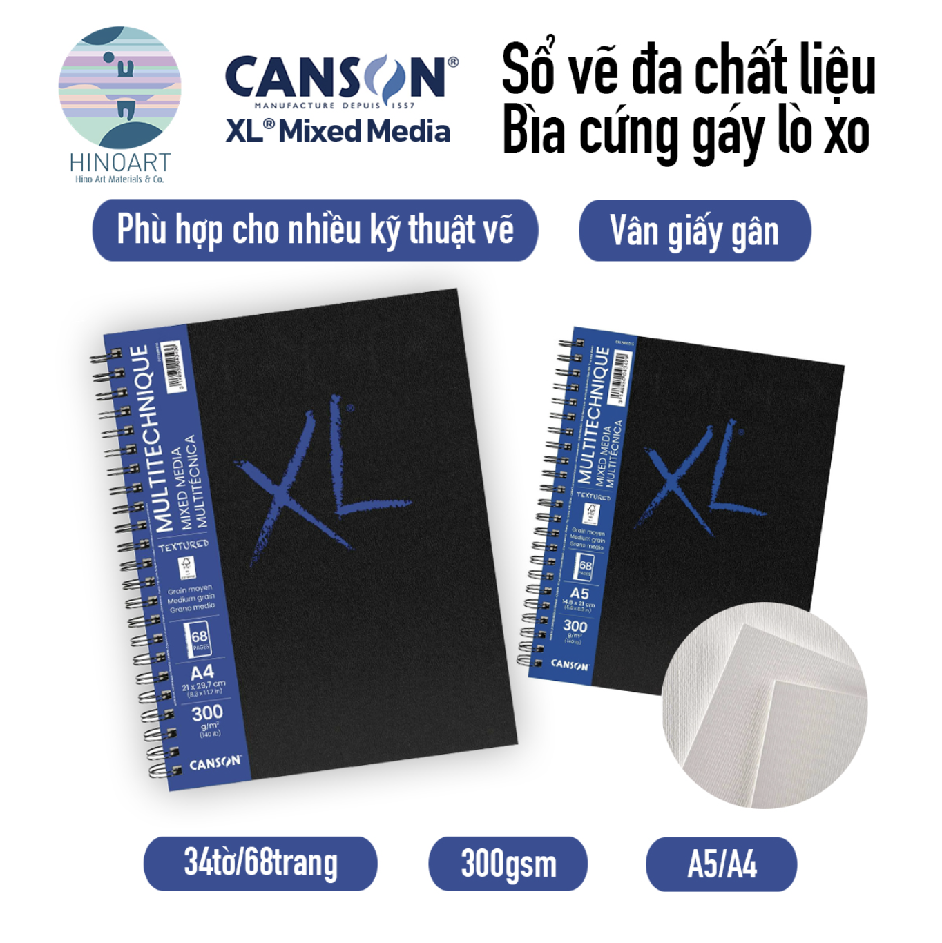 Sổ lò xo bìa cứng CANSON XL 68 trang - MIXED MEDIA TEXTURED 300gsm (Medium grain)