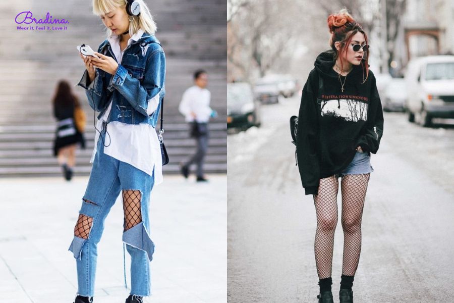 Quần tất lưới tăng thêm sự phá cách cho trang phục