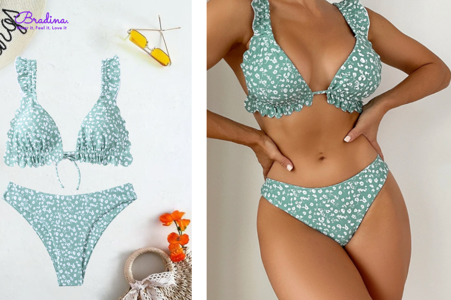 Đồ bơi nữ bikini 2 mảnh hoa nhí, nhún bèo nữ tính