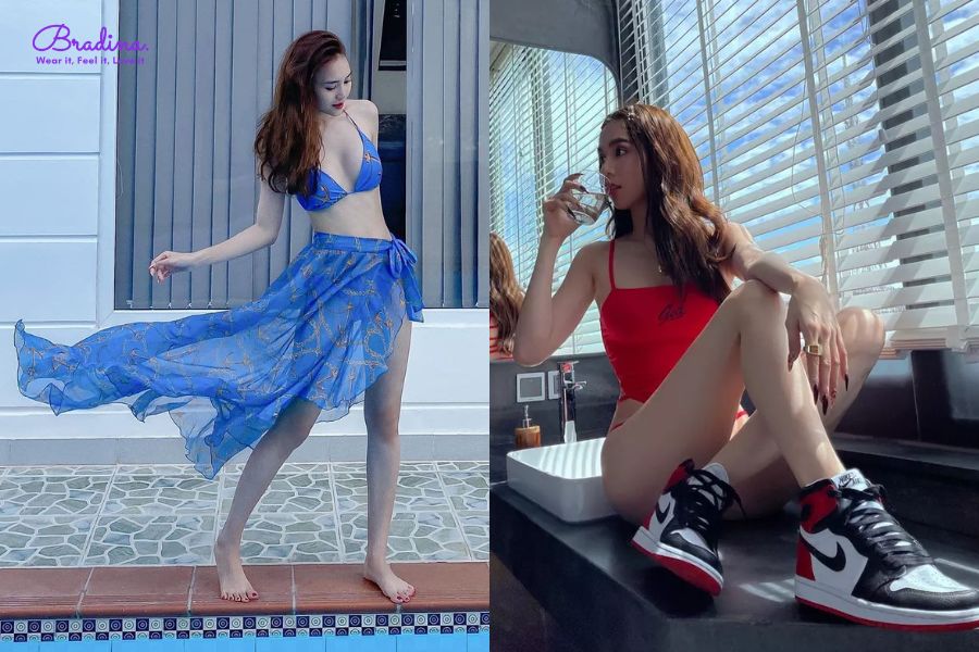 Phối đồ với bikini với khăn choàng và sneaker