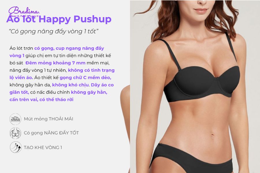 Áo lót trơn có gọng, cup ngang Bradina Happy Pushup