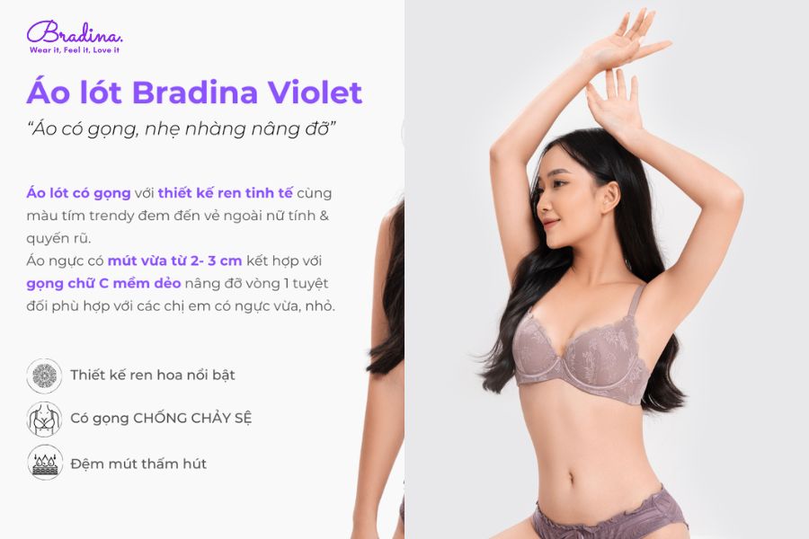 Áo lót nữ Bradina Violet ren hoa, nâng ngực tạo khe