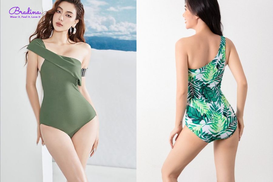 Bikini xanh lá lệch vai