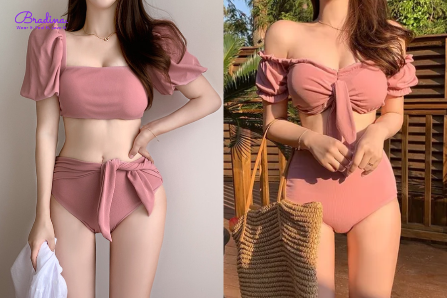 Bikini cạp cao màu hồng