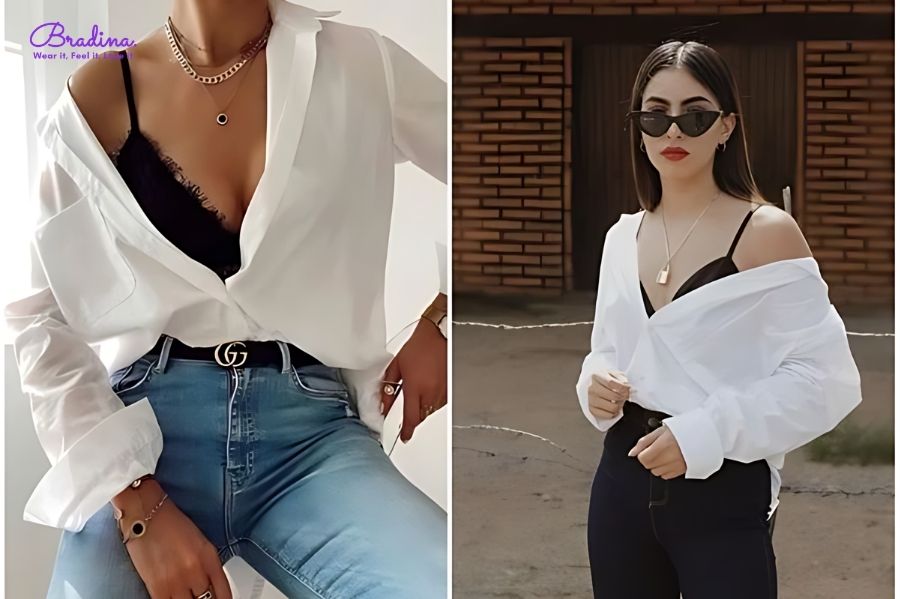 Mix bralette ren cùng áo sơ mi tạo vẻ ngoài vừa thanh lịch vừa quyến rũ