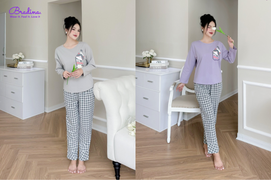 Bộ nữ áo cotton tay dài quần thô dài Karoll NH23.DK09