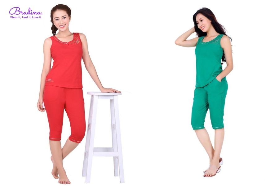 Đồ bộ cotton nữ mặc nhà kiểu quần lửng không tay 024p 3168