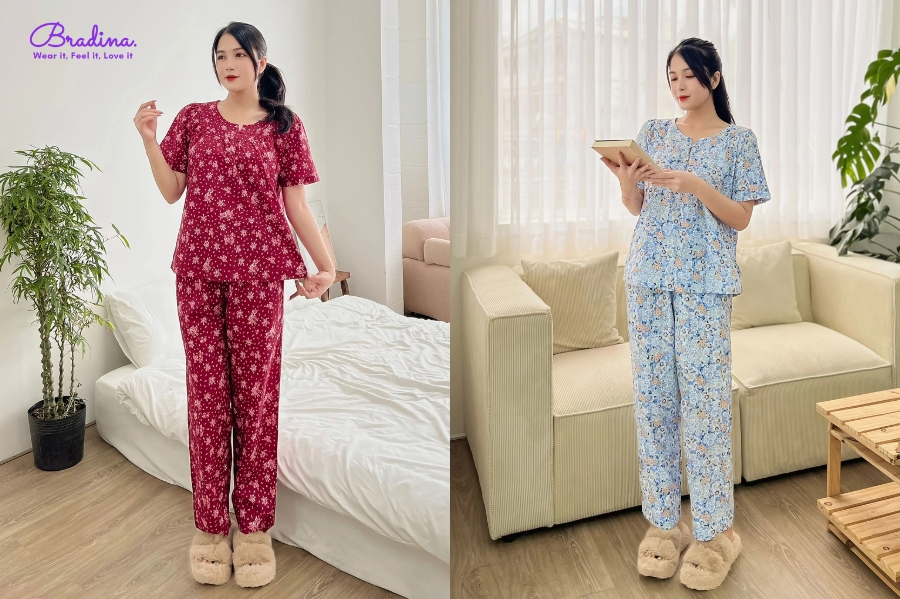 Đồ bộ mặc nhà quần dài tay lỡ vải cotton bông