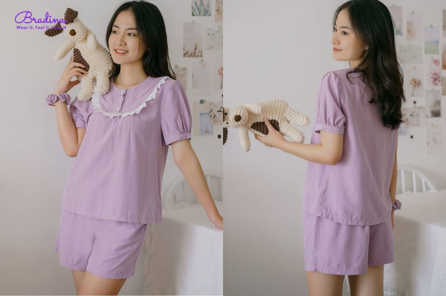 Đồ ngủ thiết kế áo cổ bèo quần ngắn Mây homewear