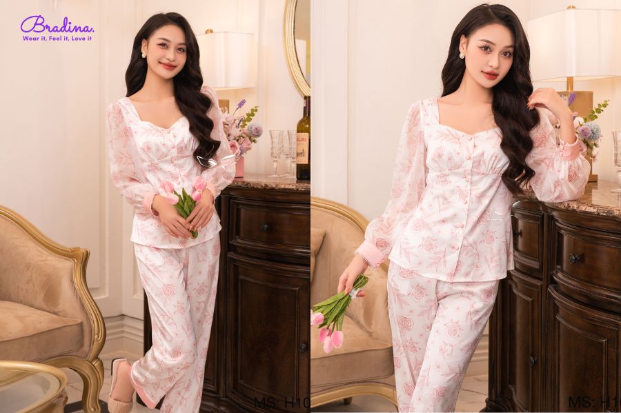 Pijama lụa tay dài quần dài phối voan Vingo