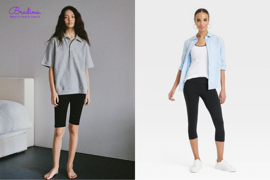 Quần legging ngắn phối với áo sơ mi