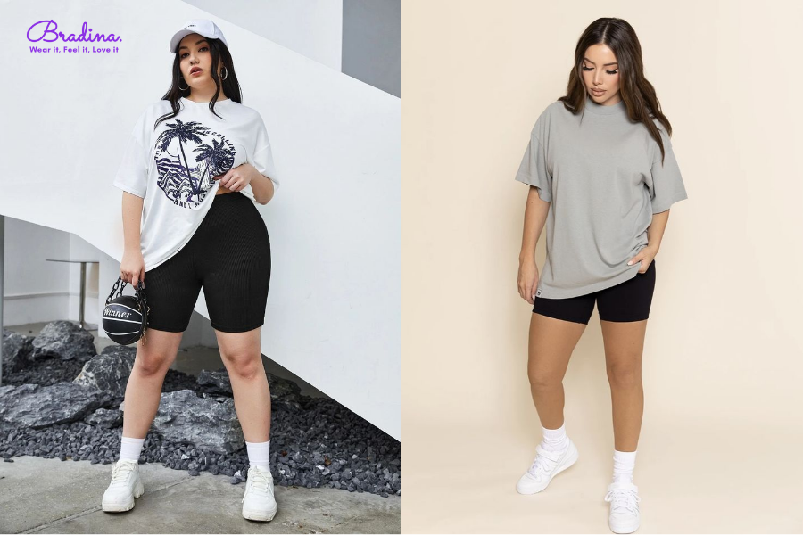 Quần legging ngắn phối với áo thun oversized