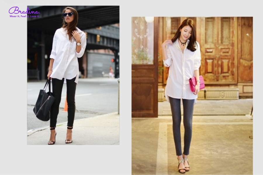 Phối quần legging + áo sơ mi dài + túi tote