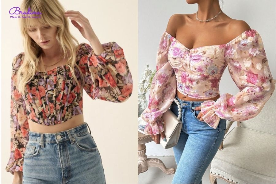 Áo corset tay bồng mix với quần jean
