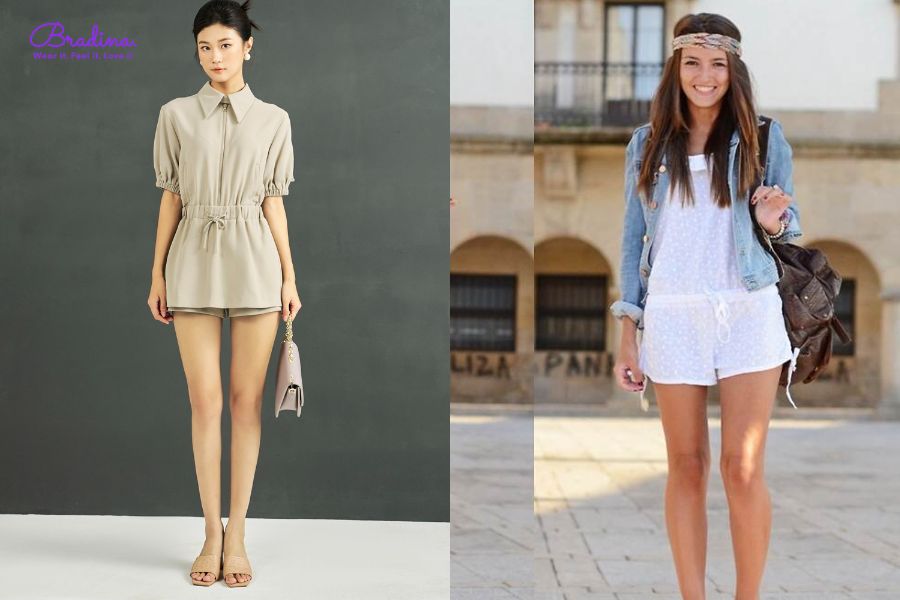 Jumpsuit ngắn phối cùng áo bò