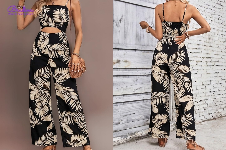 Jumpsuit họa tiết tropical Jumpsuit cut-out tạo cảm giác vui tươi phóng khoáng