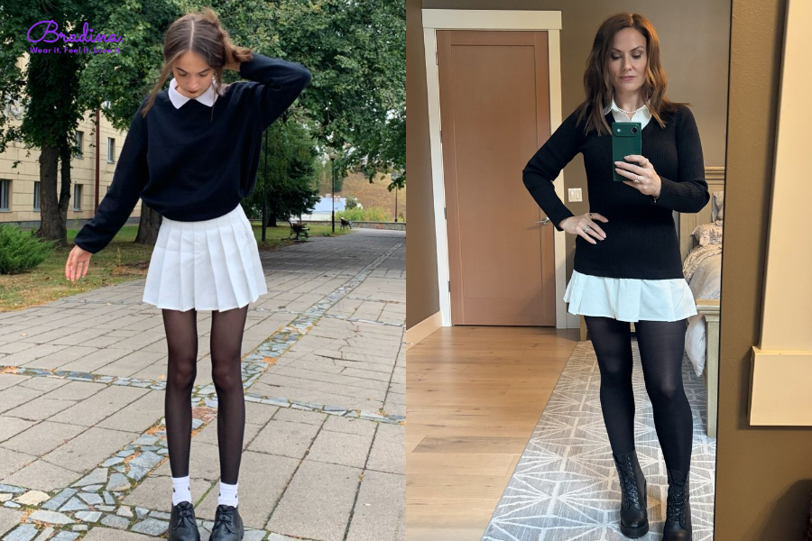 Áo sơ mi trắng, chân váy xếp ly và áo cardigan