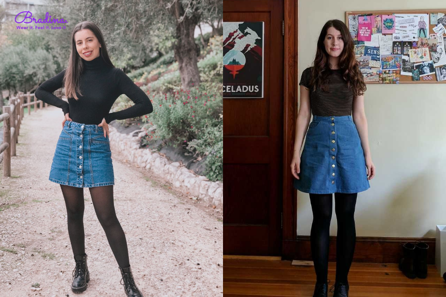 Áo croptop đen, chân váy denim và giày sneaker