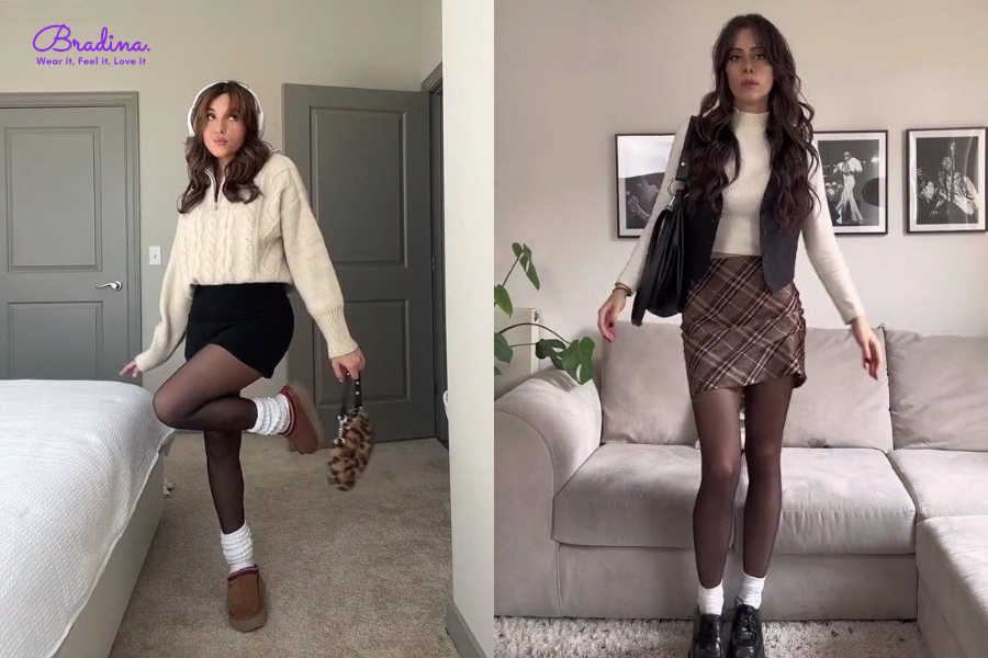 Chân váy mini đen dáng A cùng áo len sweater màu trắng ngà