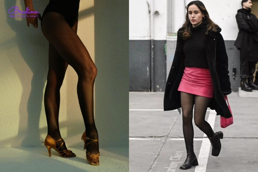 Phối quần tất mặc váy với giày cao gót và giày boot