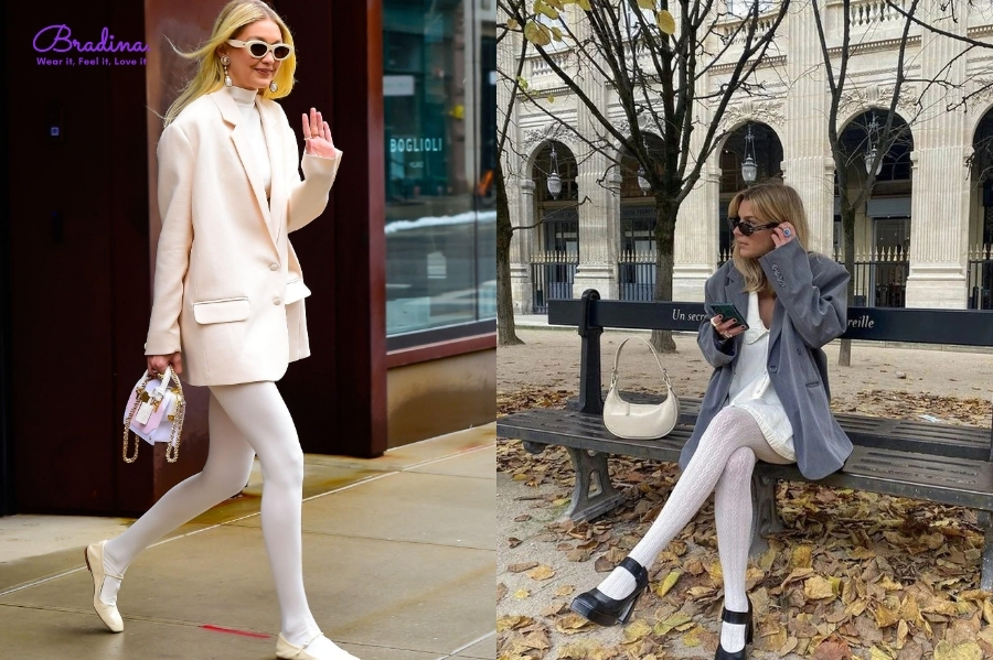 Áo Blazer dáng dài + Quần tất trắng thanh lịch