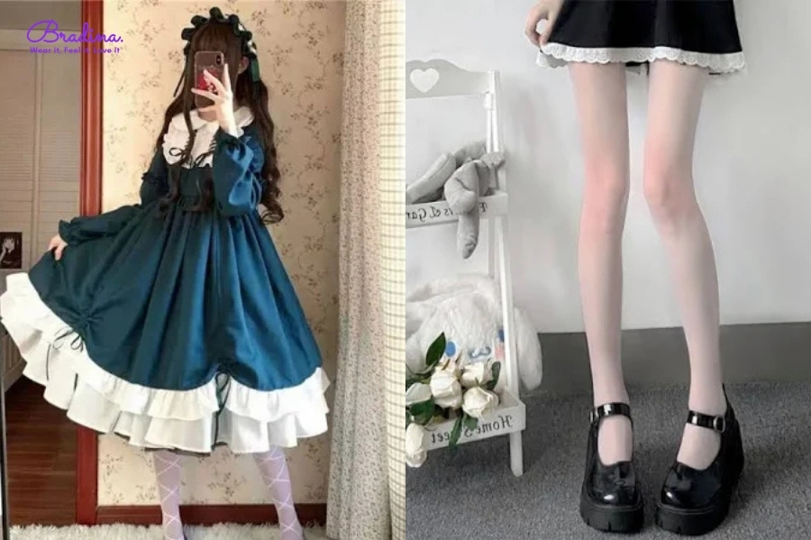 Váy babydoll + quần tất trắng họa tiết phong cách lolita