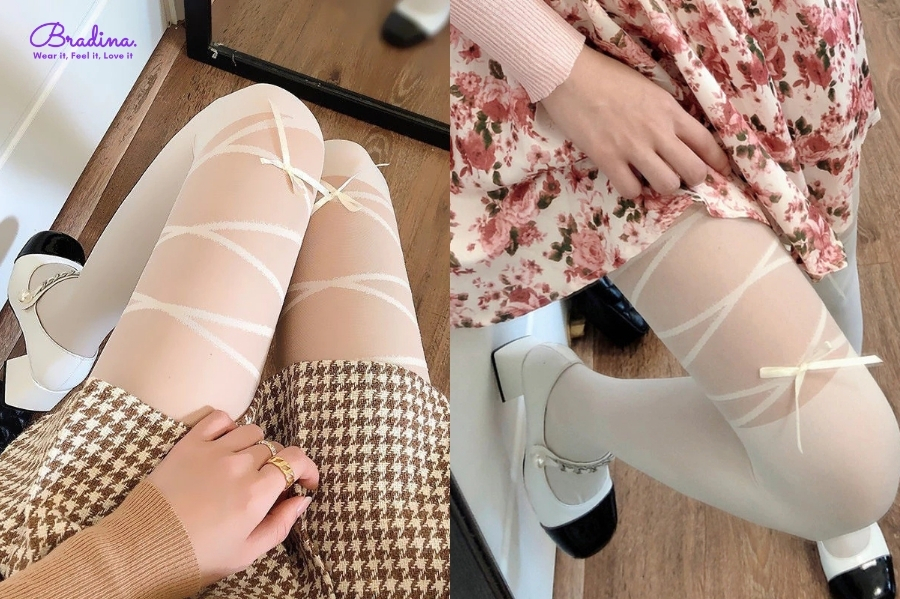 Váy hoa vintage + quần tất trắng vibe cổ điển