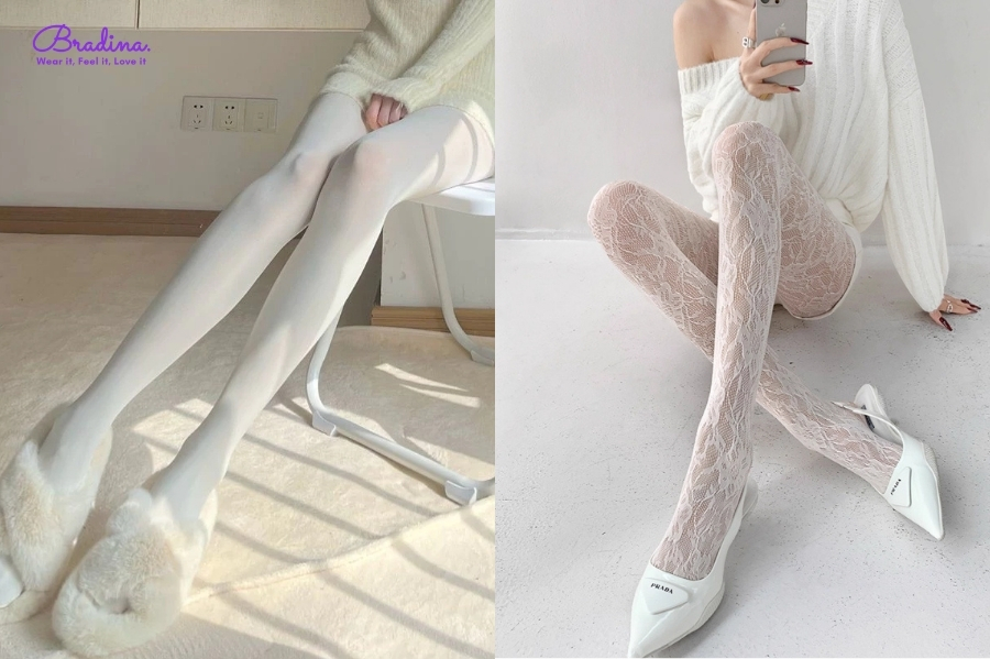 Áo len oversized + Quần tất trắng phóng khoáng