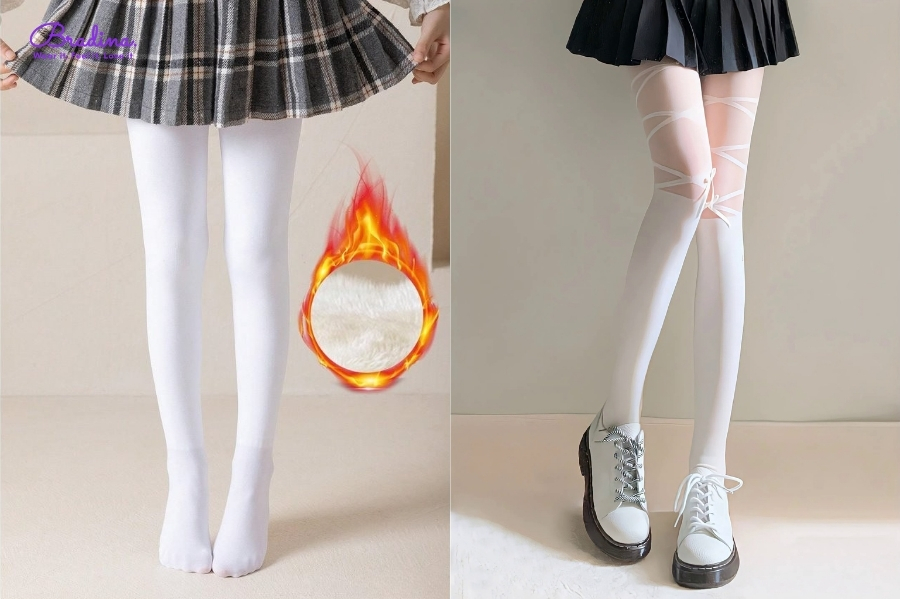 Quần tất trắng + váy xếp ly