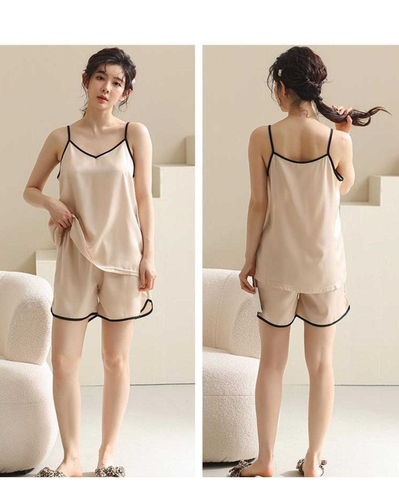 Bộ đồ lụa Satin Bradina Nữ áo hai dây cổ chữ V gợi cảm, dành cho nữ, bộ đồ mặc nhà màu trơn cao cấp, quần ngắn BN11