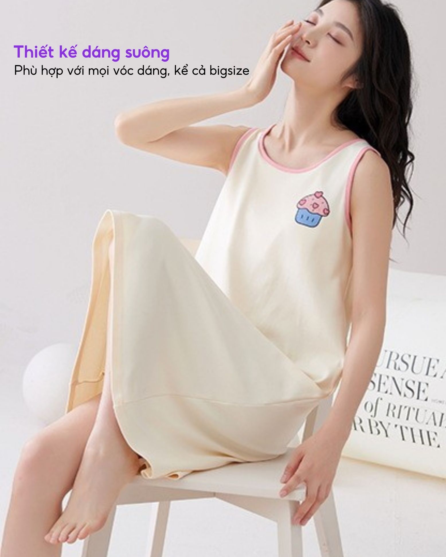 Váy ngủ liền sát nách Bradina Cotton, có đệm ngực tiện lợi BN8