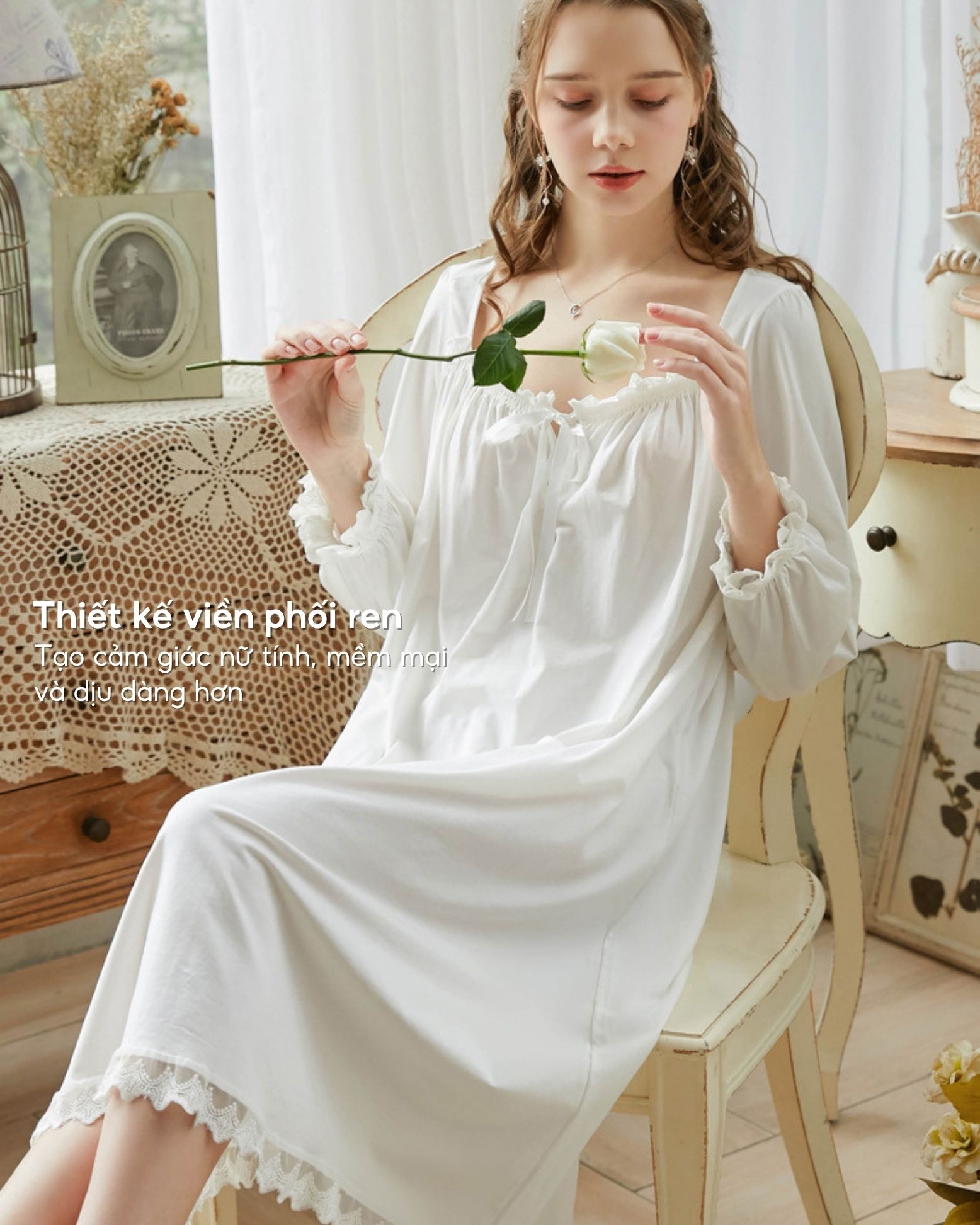 Váy ngủ tiểu thư dài tay Bradina Cotton rộng rãi, mềm mát BN9