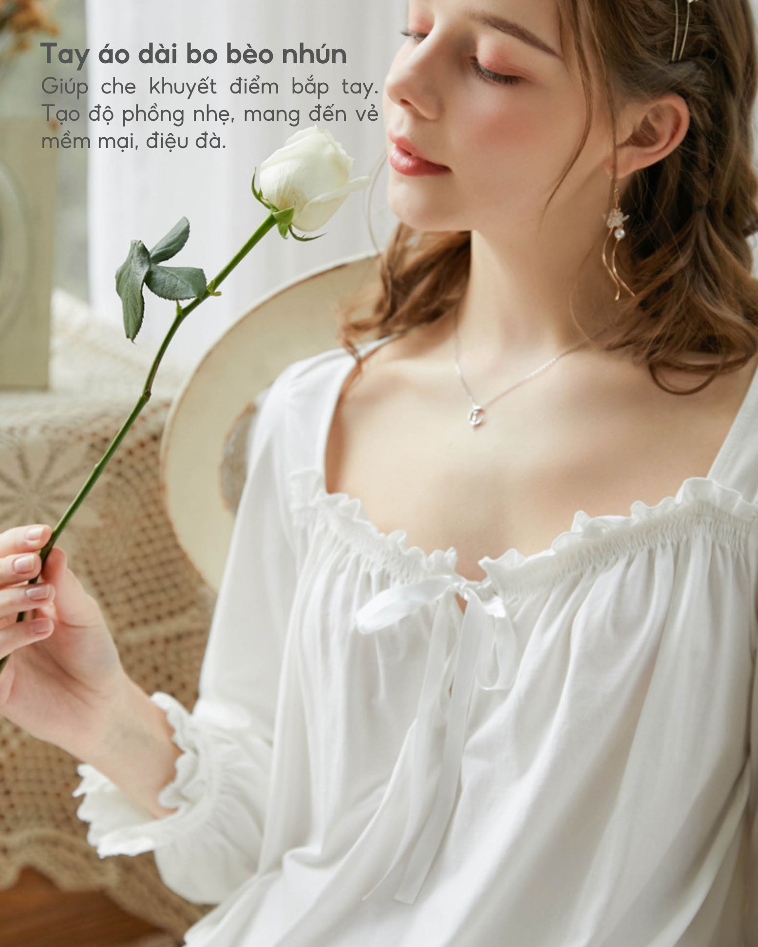 Váy ngủ tiểu thư dài tay Bradina Cotton rộng rãi, mềm mát BN9