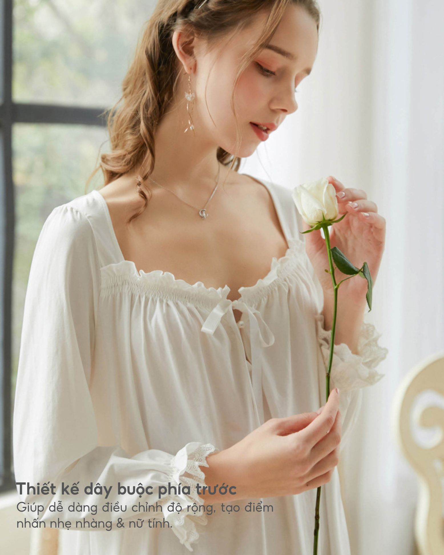 Váy ngủ tiểu thư dài tay Bradina Cotton rộng rãi, mềm mát BN9