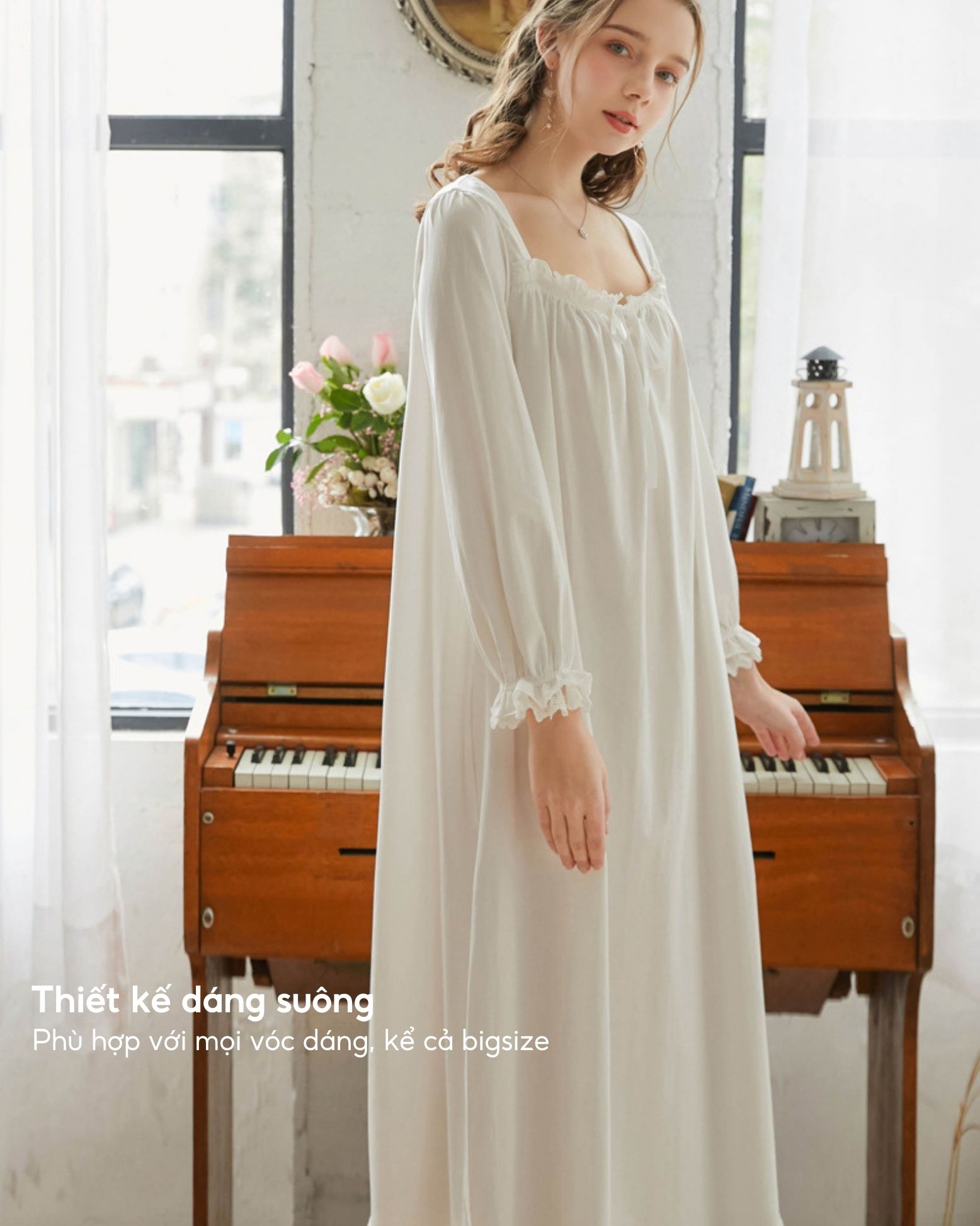 Váy ngủ tiểu thư dài tay Bradina Cotton rộng rãi, mềm mát BN9