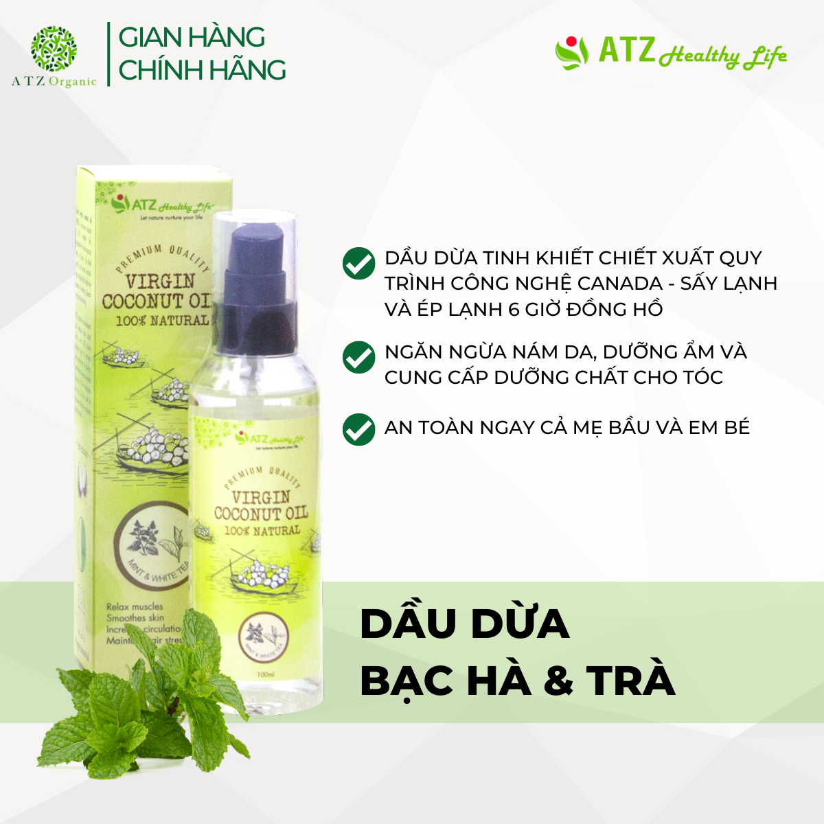 Dầu Dừa ATZ - Bạc Hà - Trà - 100ml