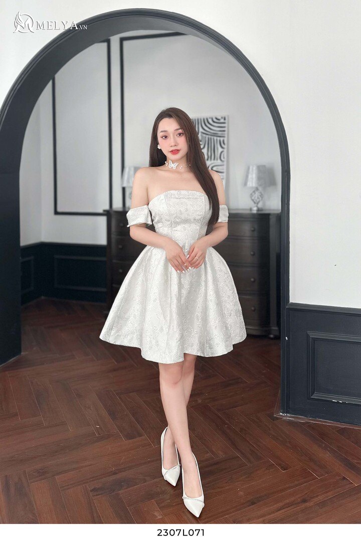 Đầm Xoè Gấm Trắng Hoa Nhũ Bạc - Trắng